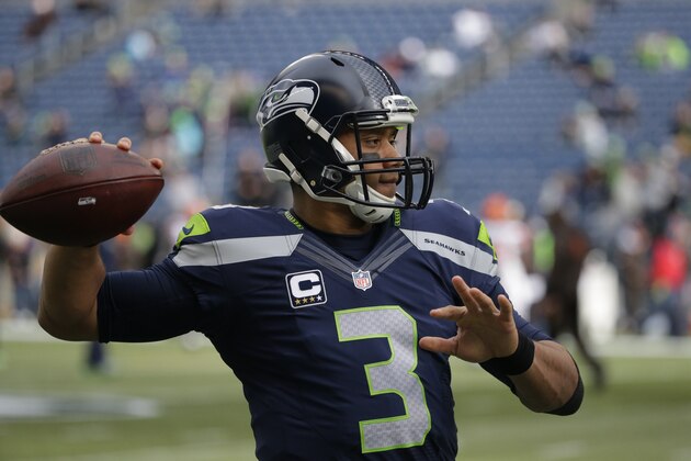 Seattle Seahawks quarterback Russell Wilson warms-up before an NFL football game against the Cleveland Browns, Sunday, Dec. 20, 2015, in Seattle. (AP Photo/Ted S. Warren)
