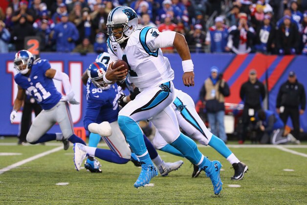 EAST RUTHERFORD, NJ - DECEMBER 20:  Cam Newton #1 of the Carolina Panthers runs against the New York Giants in the fourth Quarter during their game at MetLife Stadium on December 20, 2015 in East Rutherford, New Jersey.  (Photo by Al Bello/Getty Images)