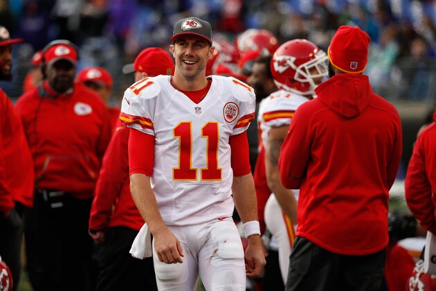 BALTIMORE, MD - DECEMBER 20:  Quarterback Alex Smith #11 of the Kansas City Chiefs smiles during the closing minutes of the Chiefs 34-14 win over the Baltimore Ravens at M&T Bank Stadium on December 20, 2015 in Baltimore, Maryland.  (Photo by Rob Carr/Getty Images)