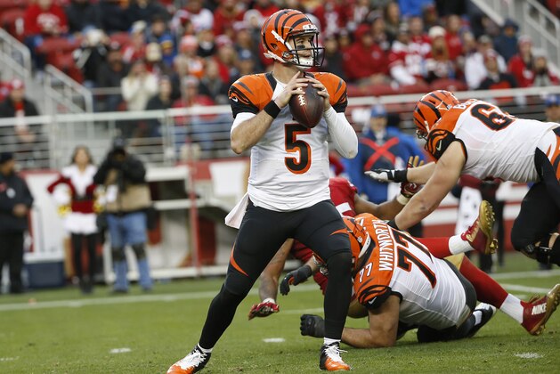Cincinnati Bengals quarterback AJ McCarron (5) against the San Francisco 49ers during the second half of an NFL football game in Santa Clara, Calif., Sunday, Dec. 20, 2015. (AP Photo/Tony Avelar)