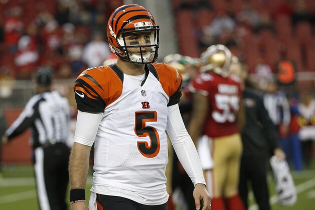 Cincinnati Bengals quarterback AJ McCarron (5) walks on the field during the second half of an NFL football game against the San Francisco 49ers in Santa Clara, Calif., Sunday, Dec. 20, 2015. (AP Photo/Tony Avelar)