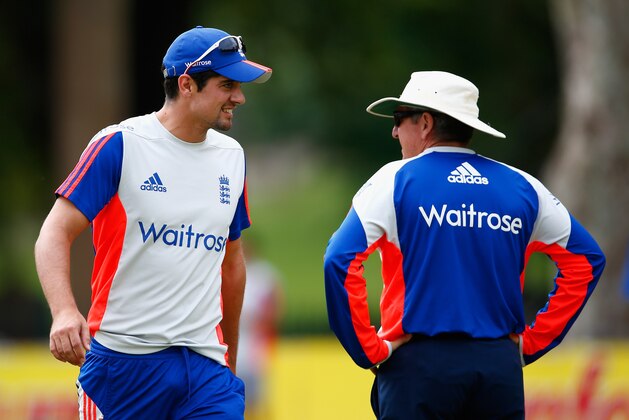 PIETERMARITZBURG, SOUTH AFRICA - DECEMBER 20:  Coach Trevor Bayliss with Alastair Cook of England during day one of the tour match between South Africa A and England at City Oval on December 20, 2015 in Pietermaritzburg, South Africa.  (Photo by Julian Finney/Getty Images)