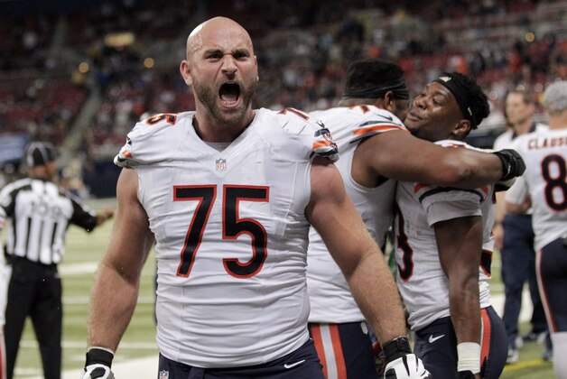 Chicago Bears offensive tackle Kyle Long celebrates near the end of the fourth quarter of an NFL football game against the St. Louis Rams Sunday, Nov. 15, 2015, in St. Louis. The Bears won 37-13. (AP Photo/Tom Gannam)