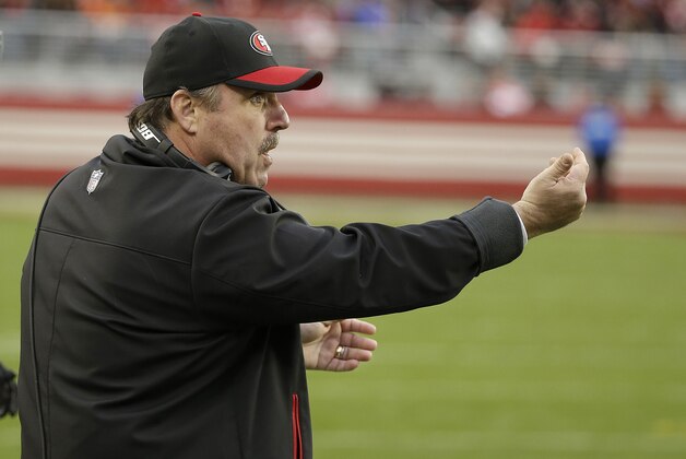 San Francisco 49ers head coach Jim Tomsula gestures during the second half of an NFL football game against the Cincinnati Bengals in Santa Clara, Calif., Sunday, Dec. 20, 2015. (AP Photo/Eric Risberg)