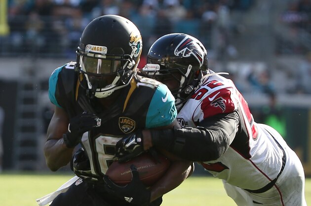 JACKSONVILLE, FL - DECEMBER 20:   Denard Robinson #16 of the Jacksonville Jaguars is tackled by  Justin Durant #52 of the Atlanta Falcons during the game at EverBank Field on December 20, 2015 in Jacksonville, Florida.  (Photo by Sam Greenwood/Getty Images)