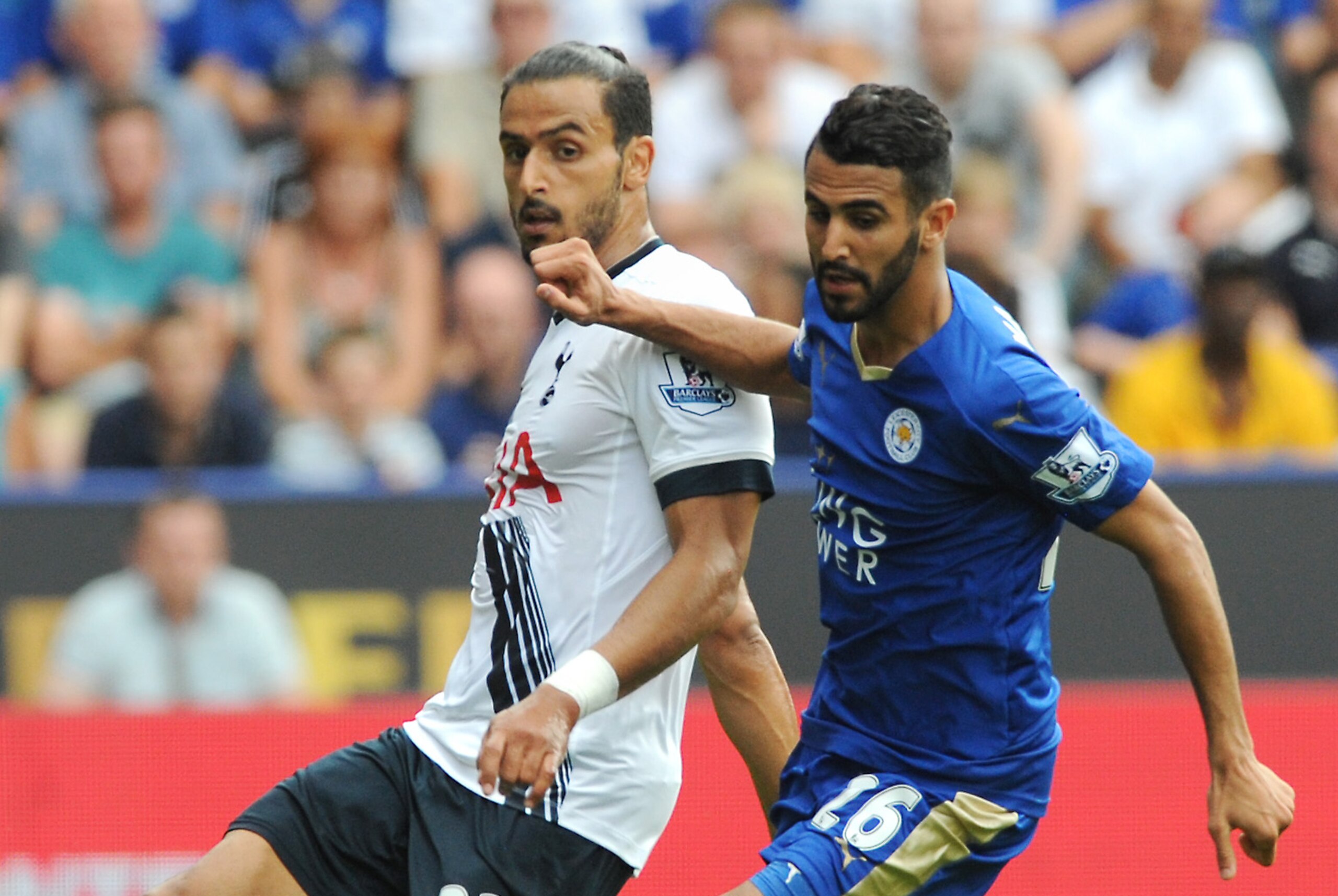 Tottenham’s Nacer Chadi, left, battles for the ball with Leicester’s Riyad Mahrez during the English Premier League soccer match between Leicester City and Tottenham Hotspur at the King Power Stadium, Leicester, England, Saturday, Aug. 22, 2015. (AP Photo/Rui Vieira) Tottenham’s Nacer Chadi, left, battles for the ball with Leicester’s Riyad Mahrez during the English Premier League soccer match between Leicester City and Tottenham Hotspur at the King Power Stadium, Leicester, England, Saturday, Aug. 22, 2015. (AP Photo/Rui Vieira)