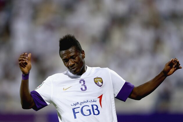 DUBAI, UNITED ARAB EMIRATES - MAY 23: Asamoah Gyan of Al Aain reacts after having his shot at goal saved during the Presidents Cup Quarter Final match between Al Ain and Al Nasr at Al Maktoum Stadium on May 23, 2015 in Dubai, United Arab Emirates.  (Photo by Francois Nel/Getty Images)