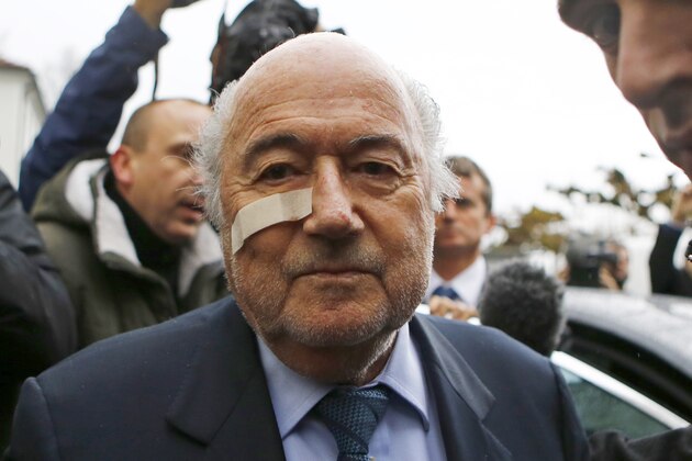 Suspended FIFA President Sepp Blatter arrives for a news conference in Zurich, Switzerland,  Monday, Dec. 21, 2015 after he has been banned for 8 years from all football related activities. (AP Photo/Matthias Schrader)