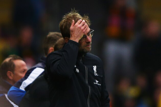 WATFORD, ENGLAND - DECEMBER 20:  Jurgen Klopp manager of Liverpool reacts as Odion Ighalo of Watford scores their third goal during the Barclays Premier League match between Watford and Liverpool at Vicarage Road on December 20, 2015 in Watford, England.  (Photo by Ian Walton/Getty Images)