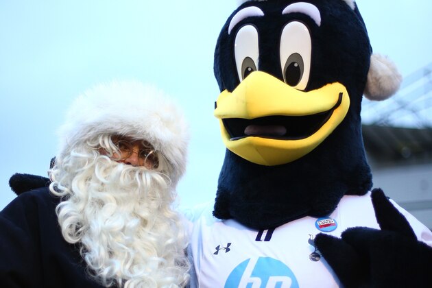 LONDON, ENGLAND - DECEMBER 15:  Chirpy the Spurs mascot poses with Father Christmas ahead of the Barclays Premier League match between Tottenham Hotspur and Liverpool at White Hart Lane on December 15, 2013 in London, England. (Photo by Paul Gilham/Getty Images)