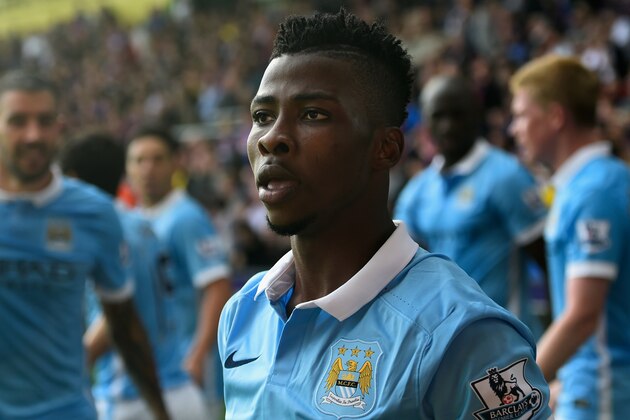 Manchester City's Nigerian striker Kelechi Iheanacho celebrates after scoring their third goal during the English League Cup fourth round football match between Manchester City and Crystal Palace at The Etihad Stadium in Manchester, north west England on October 28, 2015. AFP PHOTO / LINDSEY PARNABY

RESTRICTED TO EDITORIAL USE. NO USE WITH UNAUTHORIZED AUDIO, VIDEO, DATA, FIXTURE LISTS, CLUB/LEAGUE LOGOS OR 'LIVE' SERVICES. ONLINE IN-MATCH USE LIMITED TO 75 IMAGES, NO VIDEO EMULATION. NO USE IN BETTING, GAMES OR SINGLE CLUB/LEAGUE/PLAYER PUBLICATIONS.        (Photo credit should read LINDSEY PARNABY/AFP/Getty Images)