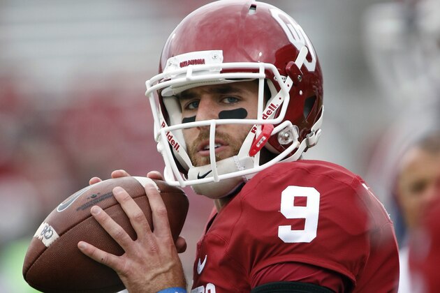 NORMAN, OK - SEPTEMBER 19:  Quarterback Trevor Knight #9 of the Oklahoma Sooners warms up before the game against the Tulsa Golden Hurricane September 19, 2015 at Gaylord Family-Oklahoma Memorial Stadium in Norman, Oklahoma. Oklahoma defeated Tulsa 52-38.(Photo by Brett Deering/Getty Images)