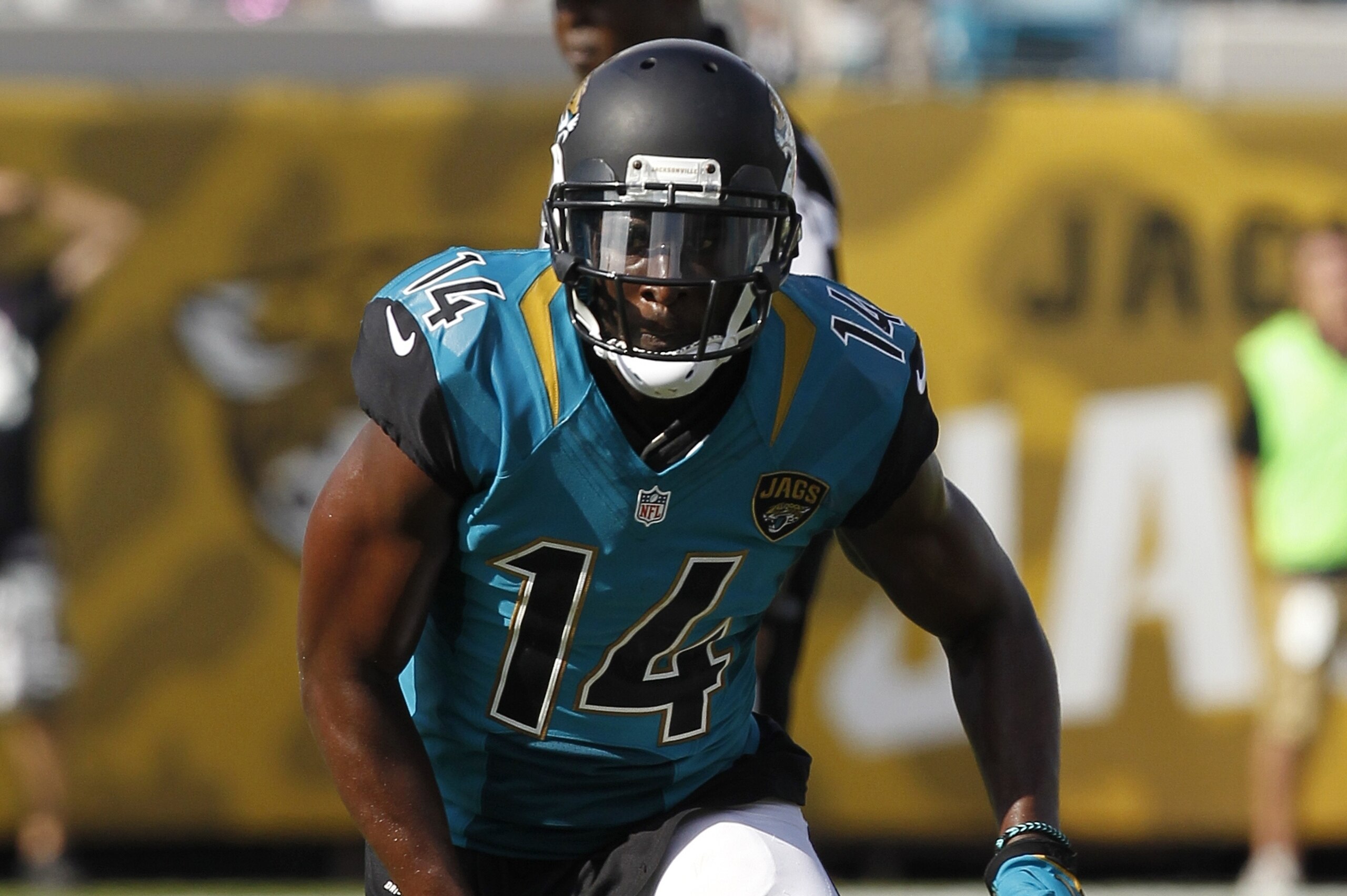 Jacksonville Jaguars' wide receiver Justin Blackmon (14) runs a passing route during a game against the San Diego Chargers at EverBank Field in Jacksonville, Florida, Sunday, October 20, 2013. (AP Photo/Chris Covatta)