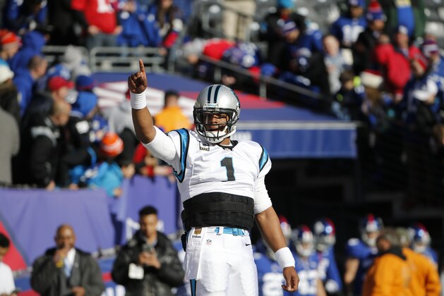 Carolina Panthers quarterback Cam Newton (1) gestures to fans before an NFL football game against the New York Giants Sunday, Dec. 20, 2015, in East Rutherford, N.J. (AP Photo/Kathy Willens) Carolina Panthers quarterback Cam Newton (1) gestures to fans before an NFL football game against the New York Giants Sunday, Dec. 20, 2015, in East Rutherford, N.J. (AP Photo/Kathy Willens)