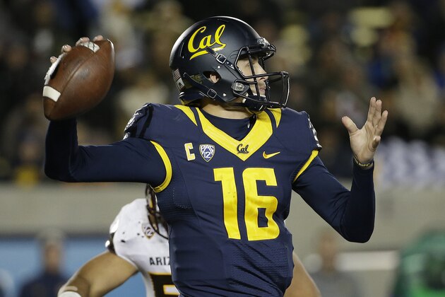 California quarterback Jared Goff (16) passes against Arizona State during the second half of an NCAA college football game in Berkeley, Calif., Saturday, Nov. 28, 2015. California won 48-46. (AP Photo/Jeff Chiu)