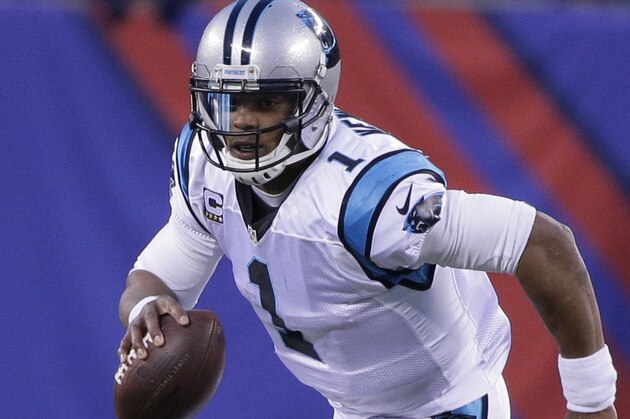 Carolina Panthers' Cam Newton (1) plays during the second half of an NFL football game against the New York Giants Sunday, Dec. 20, 2015, in East Rutherford, N.J. The Panthers won 38-35. (AP Photo/Julie Jacobson)