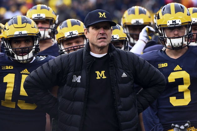 Nov 28, 2015; Ann Arbor, MI, USA; Michigan Wolverines head coach Jim Harbaugh on the sideline during the first half against the Ohio State Buckeyes at Michigan Stadium. Mandatory Credit: Tim Fuller-USA TODAY Sports