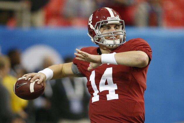 Dec 5, 2015; Atlanta, GA, USA; Alabama Crimson Tide quarterback Jake Coker (14) warms-up prior to facing the Florida Gators in the 2015 SEC Championship Game at the Georgia Dome. Mandatory Credit: Brett Davis-USA TODAY Sports