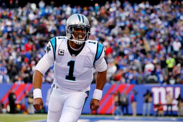 EAST RUTHERFORD, NJ - DECEMBER 20:  Cam Newton #1 of the Carolina Panthers celebrates a touchdown in the third quarter against the New York Giants during their game at MetLife Stadium on December 20, 2015 in East Rutherford, New Jersey.  (Photo by Al Bello/Getty Images)