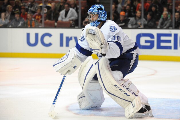 December 2, 2015; Anaheim, CA, USA; Tampa Bay Lightning goalie Ben Bishop (30) defends the goal against Anaheim Ducks during the second period at Honda Center. Mandatory Credit: Gary A.Vasquez-USA TODAY Sports