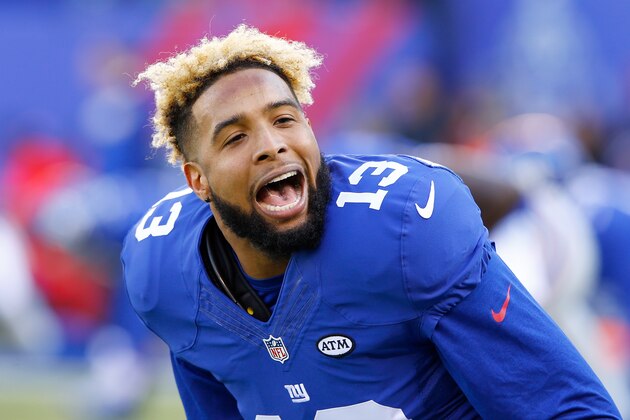 EAST RUTHERFORD, NJ - DECEMBER 20:  Odell Beckham #13 of the New York Giants warms up prior to their game against the Carolina Panthers at MetLife Stadium on December 20, 2015 in East Rutherford, New Jersey.  (Photo by Michael Reaves/Getty Images)