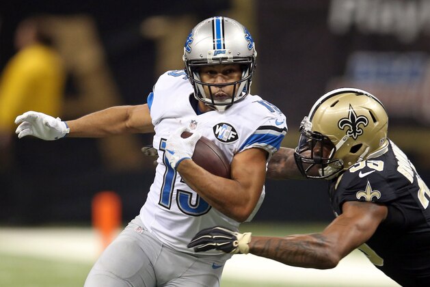 Dec 21, 2015; New Orleans, LA, USA; Detroit Lions wide receiver Golden Tate (15) is tackled by New Orleans Saints cornerback Brandon Browner (39) in the first quarter of the game at the Mercedes-Benz Superdome. Mandatory Credit: Chuck Cook-USA TODAY Sports