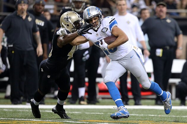 NEW ORLEANS, LA - DECEMBER 21:  Golden Tate #15 of the Detroit Lions is brought down by Delvin Breaux #40 of the New Orleans Saints during the first half of a game at the Mercedes-Benz Superdome on December 21, 2015 in New Orleans, Louisiana.  (Photo by Sean Gardner/Getty Images)