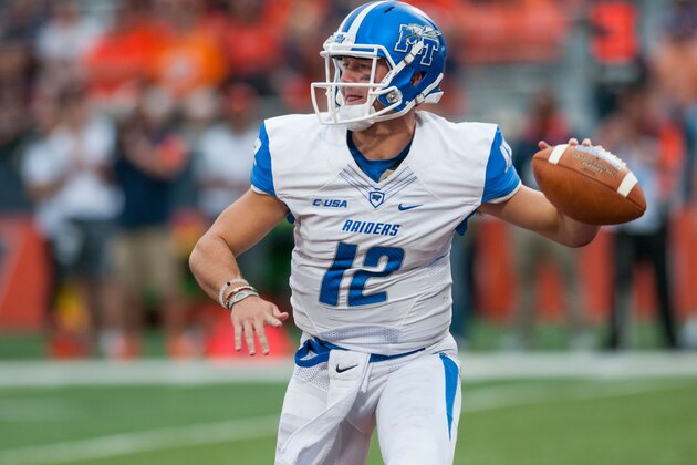 Middle Tennessee quarterback Brent Stockstill (12) throws the ball during the third quarter of an NCAA football game against Illinois Saturday, Sept. 26, 2015 at Memorial Stadium in Champaign, Ill.  Illinois won 27-25. (AP Photo/Bradley Leeb)
