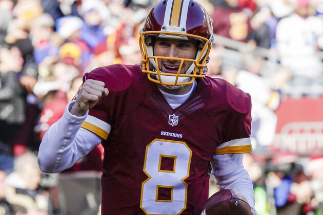 Washington Redskins quarterback Kirk Cousins (8) celebrates his touchdown during the first half of an NFL football game against the Buffalo Bills in Landover, Md., Sunday, Dec. 20, 2015. (AP Photo/Mark Tenally)