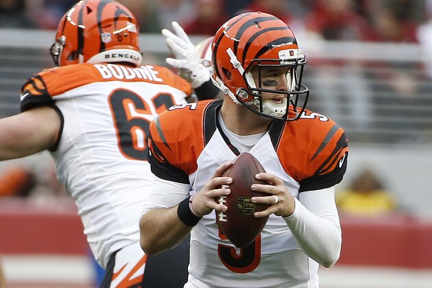 Cincinnati Bengals quarterback AJ McCarron (5) against the San Francisco 49ers during an NFL football game in Santa Clara, Calif., Sunday, Dec. 20, 2015. (AP Photo/Tony Avelar)