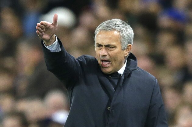 Chelsea manager Jose Mourinho gestures as he stands on the touchline during the Champions League Group G soccer match between Chelsea and Dynamo Kiev at Stamford Bridge Stadium in London,  Wednesday, Nov. 4, 2015. (AP Photo/Matt Dunham)