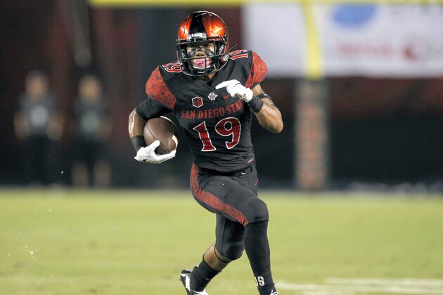 San Diego State running back Donnel Pumphrey, left, breaks for a 33-yard touchdown run against Fresno State during the first half of an NCAA college football game in San Diego, Saturday, Oct. 3, 2015. (AP Photo/Alex Gallardo) San Diego State running back Donnel Pumphrey, left, breaks for a 33-yard touchdown run against Fresno State during the first half of an NCAA college football game in San Diego, Saturday, Oct. 3, 2015. (AP Photo/Alex Gallardo)