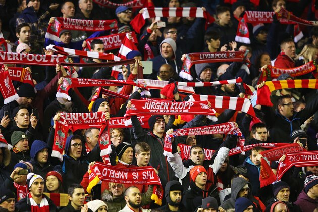 LIVERPOOL, ENGLAND - DECEMBER 13:  Liverpool fans show their support prior to the Barclays Premier League match between Liverpool and West Bromwich Albion at Anfield on December 13, 2015 in Liverpool, England.  (Photo by Alex Livesey/Getty Images)