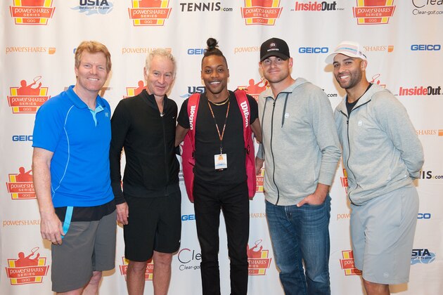Lendale Johnson, middle, is flanked by Jim Courier and John McEnroe and Andy Roddick and James Blake at the PowerShares Series Tennis event.