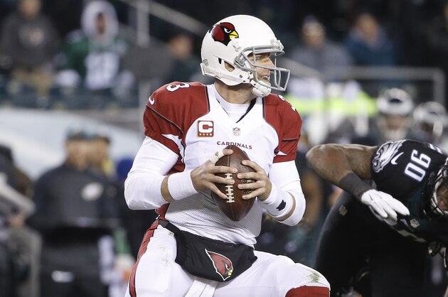 Arizona Cardinals' Carson Palmer in action during the second half of an NFL football game against the Philadelphia Eagles, Sunday, Dec. 20, 2015, in Philadelphia. (AP Photo/Matt Rourke)