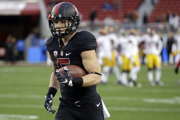 Stanford running back Christian McCaffrey (5) warms up before a Pac-12 Conference championship NCAA college football game against Southern California, Saturday, Dec. 5, 2015, in Santa Clara, Calif. (AP Photo/Marcio Jose Sanchez)