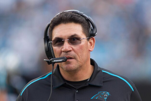 Dec 13, 2015; Charlotte, NC, USA; Carolina Panthers head coach Ron Rivera looks on during the fourth quarter against the Atlanta Falcons at Bank of America Stadium. Panthers defeated the Falcons 38-0. Mandatory Credit: Jeremy Brevard-USA TODAY Sports