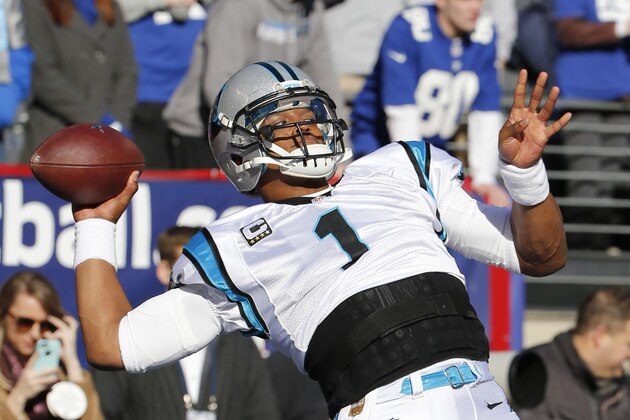 Carolina Panthers quarterback Cam Newton (1) throws a pass before an NFL football game against the New York Giants Sunday, Dec. 20, 2015, in East Rutherford, N.J. (AP Photo/Kathy Willens)