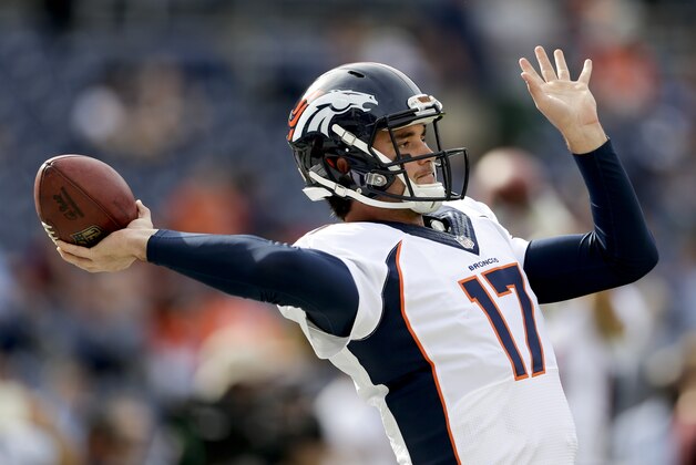 Denver Broncos quarterback Brock Osweiler warms up before an NFL football game against the San Diego Chargers Sunday, Dec. 6, 2015, in San Diego. (AP Photo/Gregory Bull)
