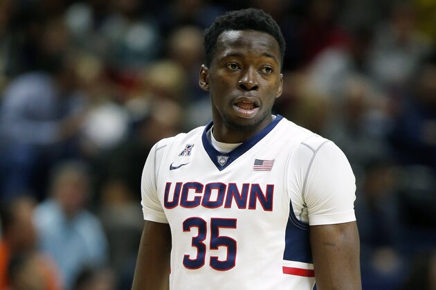 Connecticut's Amida Brimah (35) during the second half of an NCAA college basketball game against Furman in Storrs, Conn., Saturday, Nov. 21, 2015. Connecticut won 83-58. (AP Photo/Michael Dwyer)