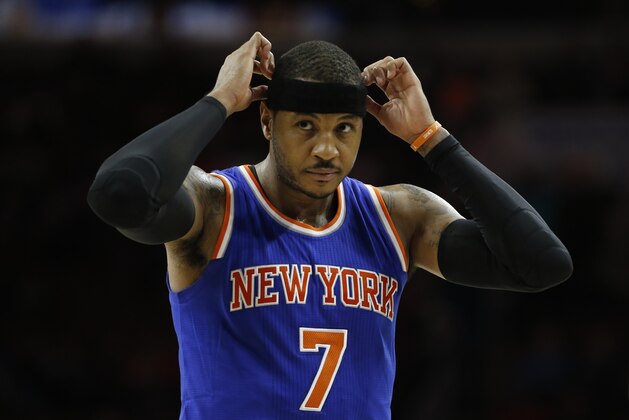New York Knicks' Carmelo Anthony in action during an NBA basketball game against the Philadelphia 76ers, Friday, Dec. 18, 2015, in Philadelphia. (AP Photo/Matt Slocum)