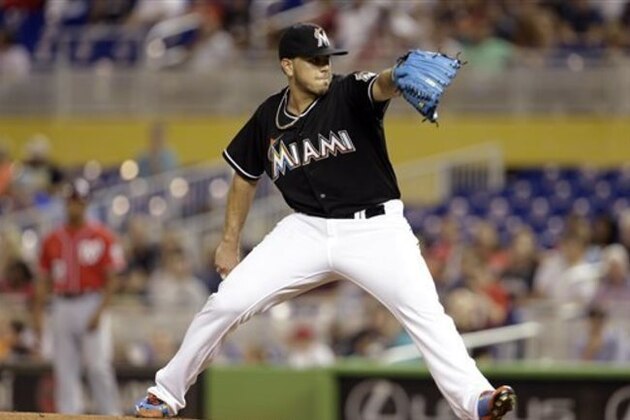 Miami Marlins starting pitcher Jose Fernandez delivers in the first inning of a baseball game against the Washington Nationals, Saturday, Sept. 12, 2015, in Miami. (AP Photo/Lynne Sladky)
