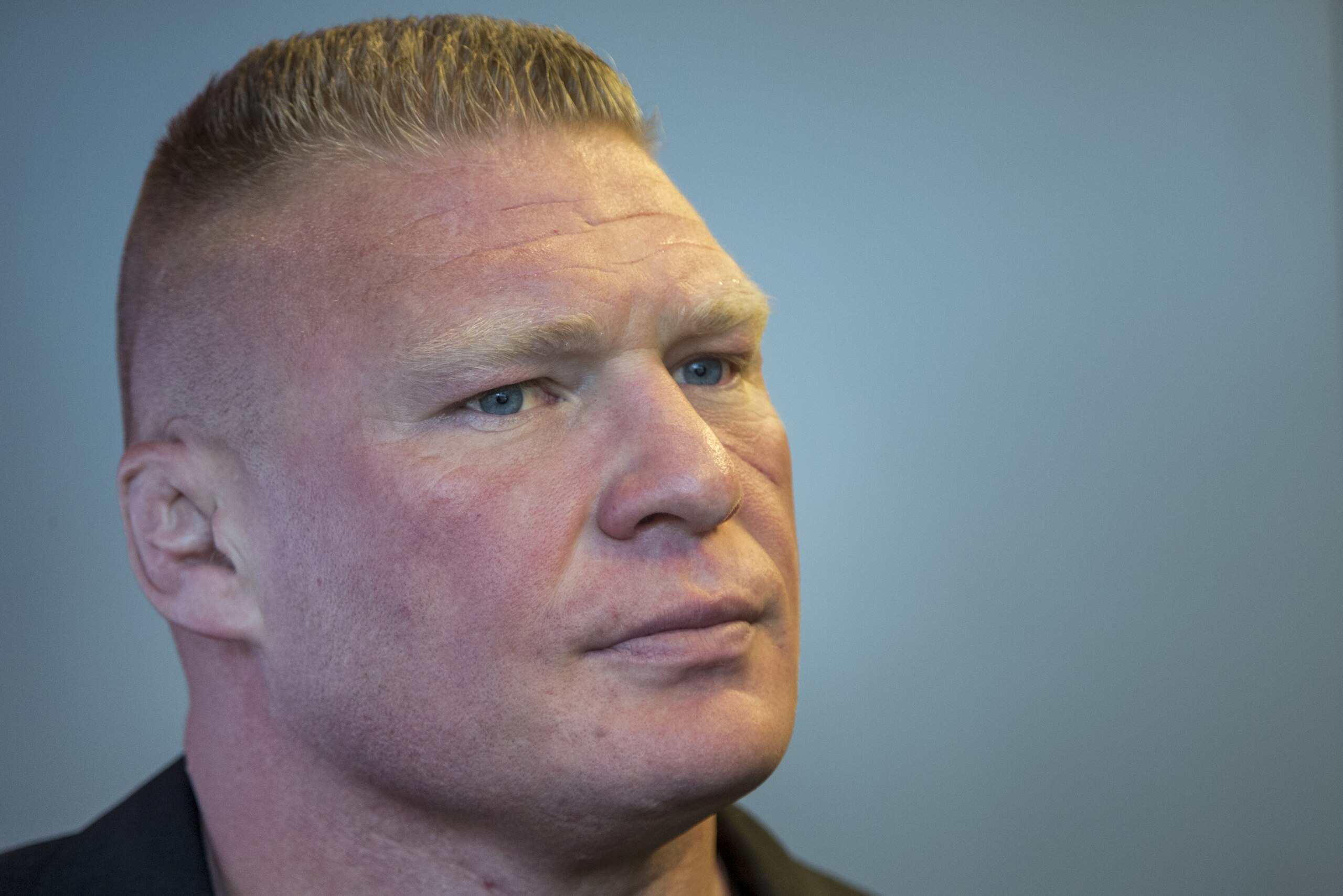 Former UFC heavyweight champion Brock Lesnar pauses for a photo after ruling out a return to mixed martial arts, ending three years of speculation about the biggest pay-per-view star in the sport's history, as he announced he had re-signed with WWE in an interview on ESPN's