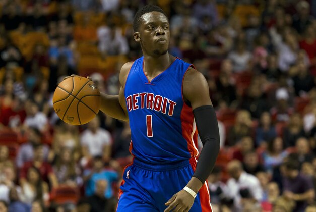 Dec 22, 2015; Miami, FL, USA; Detroit Pistons guard Reggie Jackson (1) dribbles the ball against the Miami Heat during the first half at American Airlines Arena. Mandatory Credit: Steve Mitchell-USA TODAY Sports