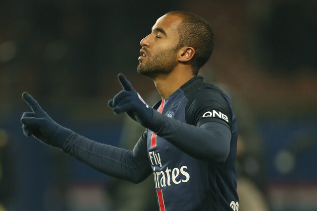 PARIS, FRANCE - DECEMBER 13: Lucas Moura of PSG celebrates his goal during the French Ligue 1 match between Paris Saint-Germain (PSG) and Olympique Lyonnais (OL) at Parc des Princes stadium on December 13, 2015 in Paris, France. (Photo by Jean Catuffe/Getty Images)