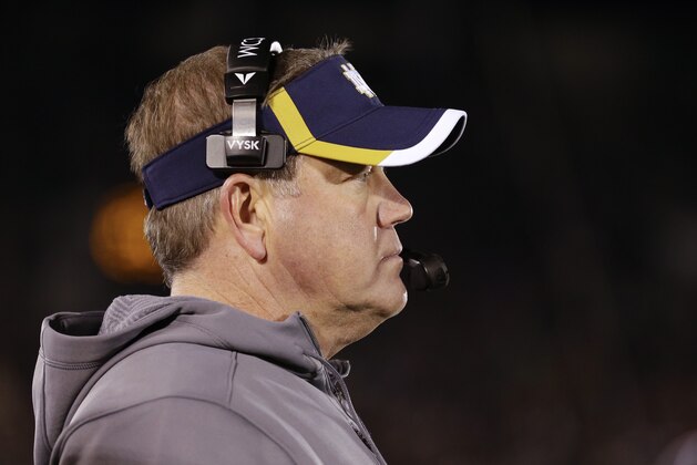 Notre Dame head coach Brian Kelly during the second half of an NCAA college football game against Wake Forest in South Bend, Ind., Saturday, Nov. 14, 2015. Notre Dame defeated Wake Forest 28-7. (AP Photo/Michael Conroy)