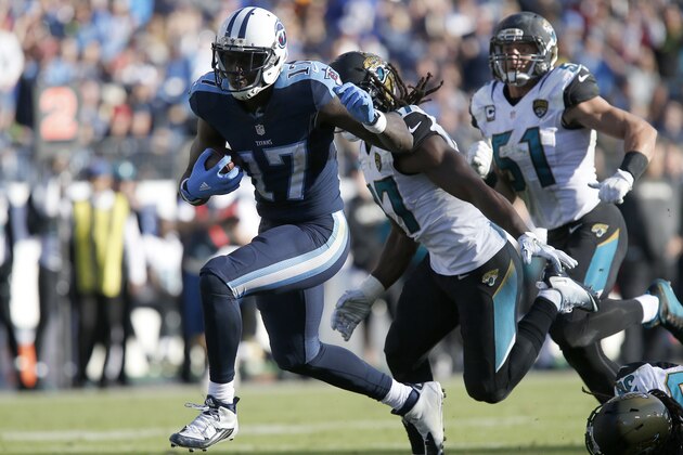 NASHVILLE, TN - DECEMBER 6:  Dorial Green-Beckham #17 of the Tennessee Titans runs with the ball against the Jacksonville Jaguars during the game at Nissan Stadium on December 6, 2015 in Nashville, Tennessee. (Photo by Wesley Hitt/Getty Images)