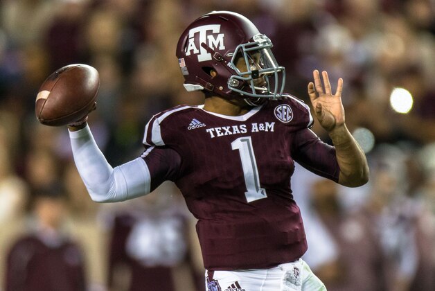 Texas A&M’s quarterback Kyler Murray (1) looks to pass during the first half of an NCAA college football game against Western Carolina Saturday, Nov. 14, 2015, in College Station, Texas. Texas A&M defeated Western Carolina 41-17. (AP Photo/Juan DeLeon)