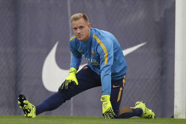 FC Barcelona's goalkeeper Marc-Andre ter Stegen, from Germany, attends a training session at the Sports Center FC Barcelona Joan Gamper in San Joan Despi, Spain, Saturday, Aug. 22, 2015. (AP Photo/Manu Fernandez)