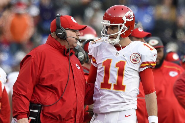 Kansas City Chiefs head coach Andy Reid, left, speaks with Kansas City Chiefs quarterback Alex Smith on the sideline in the second half of an NFL football game against the Baltimore Ravens, Sunday, Dec. 20, 2015, in Baltimore. (AP Photo/Gail Burton) Kansas City Chiefs head coach Andy Reid, left, speaks with Kansas City Chiefs quarterback Alex Smith on the sideline in the second half of an NFL football game against the Baltimore Ravens, Sunday, Dec. 20, 2015, in Baltimore. (AP Photo/Gail Burton)
